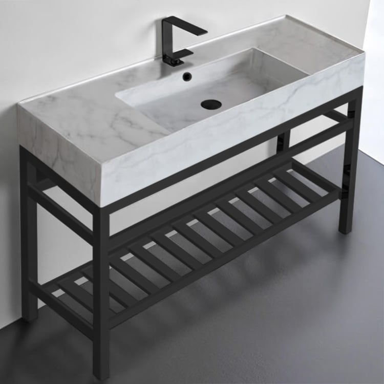 Scarabeo 5125-F-CON2-BLK Modern Marble Design Ceramic Console Sink and Matte Black Base, 48 Inch